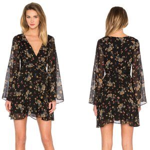Free People Chiffon Lilou Dress Black Floral Print Bell Sleeves Flowy V Neck S